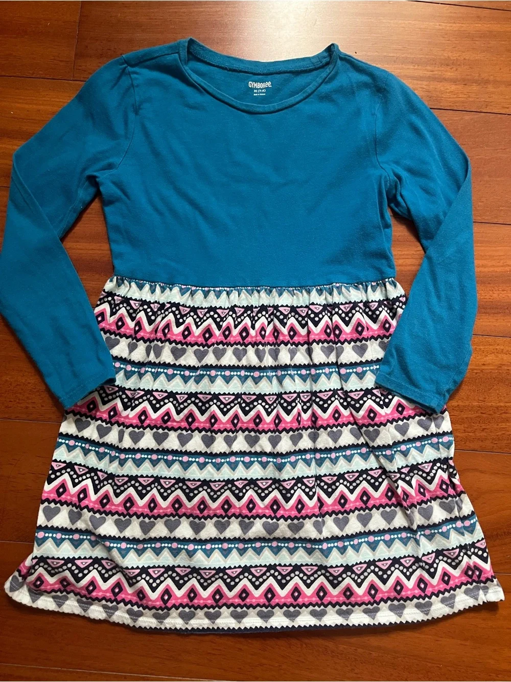 Gymboree Teal Long-Sleeve Dress with Patterned Skirt; Size M (7/8)